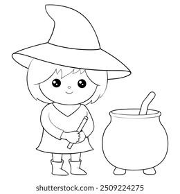 Charming little witch stirring a cauldron, black and white, Halloween web icons, children's illustrations, themed textiles, coloring book. Simple and cute style ideal for young audiences