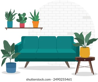 Charming Living Room with Cozy Couch and Lush Potted Plants - Ideal for Your Home Decor Needs. Vector illustration.