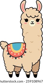 A charming llama with a friendly expression showcases a vibrant saddle, exuding a playful and whimsical atmosphere.