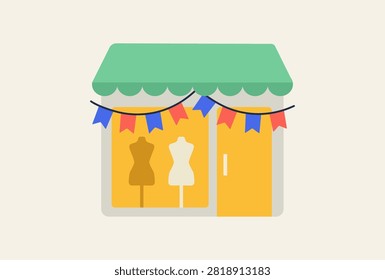 A charming local boutique retail shop vector illustration featuring a green striped awning colorful bunting banners and a dress mannequin for small business entrepreneurship and fashion store.