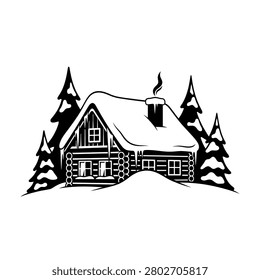 A charming log cabin nestled amongst snow-covered pine trees, with smoke gently rising from the chimney.