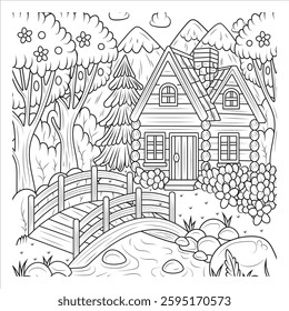 Charming Log Cabin with Wooden Bridge - Coloring Page