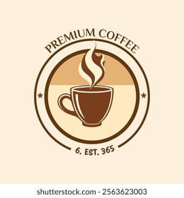 A charming logo design for a coffee shop, featuring a steaming cup of coffee within a vintage-inspired circular emblem. Premium Coffee Shop Branding Design.