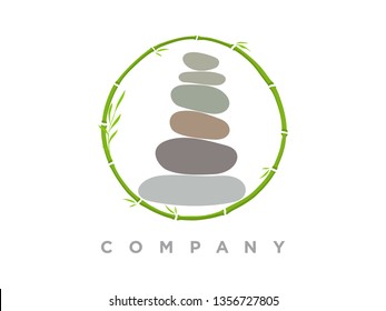 Charming logo design combination circle bamboo with rock balance.