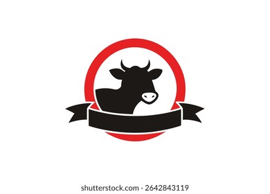 A charming logo design featuring a cow inside a circle, adorned with a heart-shaped ribbon, perfect for branding or icon use.