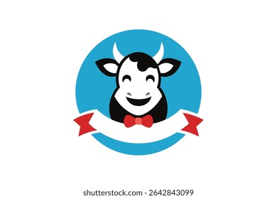 A charming logo design featuring a smiling cow adorned with a bow ribbon, all enclosed within a circular frame.