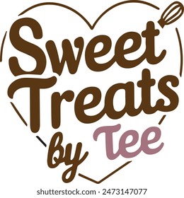 A charming logo featuring the text "Sweet Treats by Tee" within a heart outline, accented with a whisk graphic. The design combines playful fonts and a color palette of brown and pink, ideal Bakari