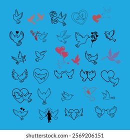 A charming love birds vector set perfect for Valentine's Day designs. Includes romantic elements like hearts and couples, ideal for greeting cards, digital prints, and decorations.