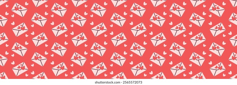 Charming Love Letter Pattern with Hearts on Coral Red Valentines Day seamless pattern Long horizontal web cover banner, sale header, voucher template. Wedding, packaging, wrapping paper,