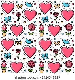 Charming Love: Pink, Blue, Yellow, and Green Pattern with Flowers and Ribbons