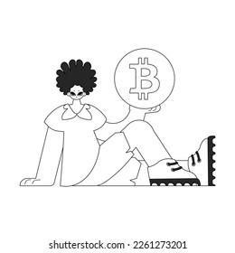 Charming man holding a bitcoin coin. Newspaper black and white style.