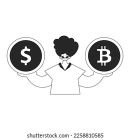 Un hombre encantador sostiene moneda de bitcoin y moneda de un dólar. Estilo blanco y negro del periódico.
