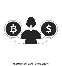 Charmanter Mann, der Bitcoin und Dollarmünze hält. Lineare Zeitung in Schwarz-Weiß-Stil.