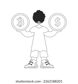 Charming man holding bitcoin and dollar coin. Linear black and white style.