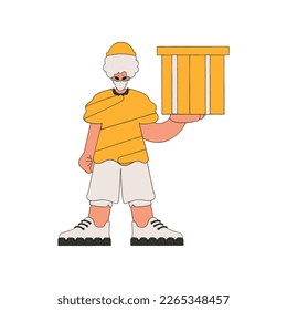 Charming man holding a box in his hands. Parcel and cargo transportation.