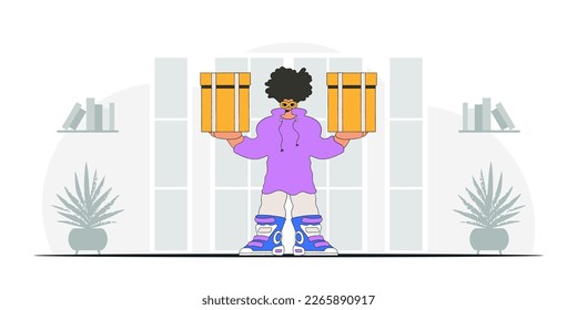 Charming man holding boxes in his hands. An art piece showcasing the conveyance of parcels and goods