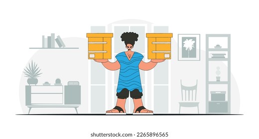 Charming man holding boxes in his hands. A visual representation of the shipment of deliveries and freight