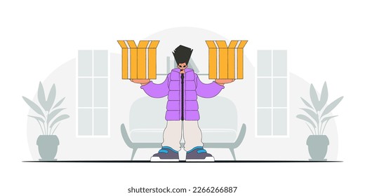 Charming man holding boxes in his hands. A graphic representation of the dispatch of consignments and cargo