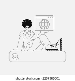 A charming man is holding a browser window. Newspaper style character.
