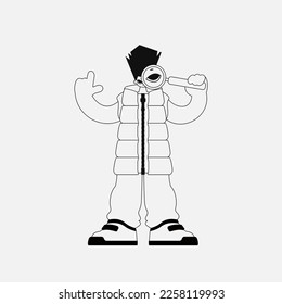 Charming man holding a magnifying glass, magnifier. Linear black and white style.