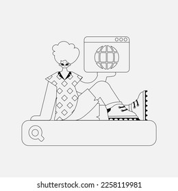 Charming man holds a browser window in his hands. Black and white style.