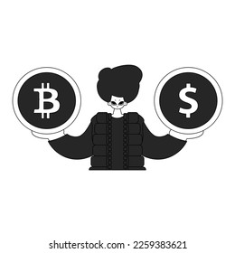Charming man holds a coin of bitcoin and dollar in his hands. Newspaper black and white style.