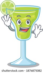A charming margarita cocktail mascot design style smiling and waving hand