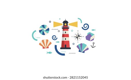 Charming maritime illustration featuring a red and white lighthouse surrounded by seashells, fish, and nautical navigational icons.