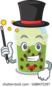 Charming matcha bubble tea cartoon design performance as a Magician style