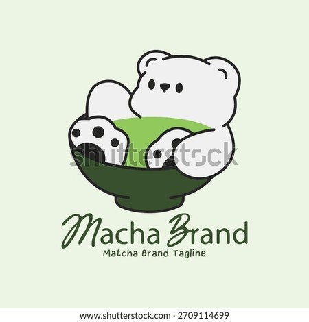 Charming matcha logo with bear relaxing in green tea bowl. Playful mascot for beverage branding.