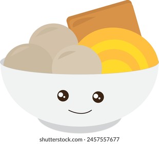 Charming meatball illustration with smiling faces, surrounded by flavorful broth and colorful condiments, evoking whimsical appeal.
