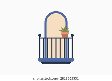 A charming Mediterranean balcony vector illustration featuring a traditional blue wrought iron railing an arched window and a terracotta potted plant for summer travel and architectural design.