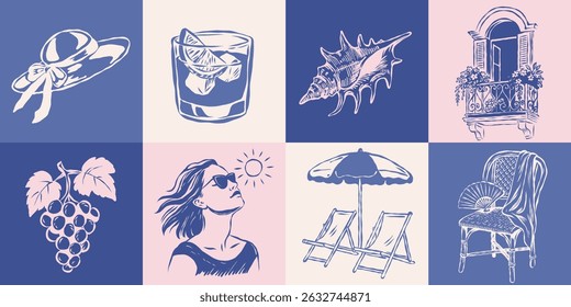 A charming Mediterranean summer illustration set with elegant hand-drawn elements: sunhat, cocktail, sea shell, balcony, grapes, woman in sunglasses, beach chairs, and fan on a chair — la dolce vita