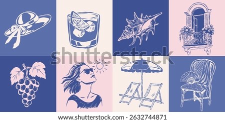 A charming Mediterranean summer illustration set with elegant hand-drawn elements: sunhat, cocktail, sea shell, balcony, grapes, woman in sunglasses, beach chairs, and fan on a chair — la dolce vita