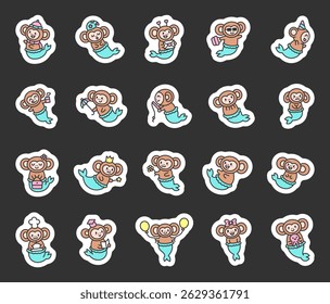 Encantador conjunto de personagens de macaco-sereia mostrando emoções e atividades como beber suco, enviar cartas, usar chapéus e comemorar juntos para seus projetos de design