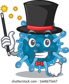 Encantadora actuación de diseño de caricaturas del virus de la corona microscópica al estilo mago