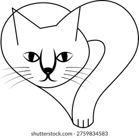 A charming and minimalist black and white line art drawing featuring the stylized head and body of a friendly domestic cat which has been cleverly shaped into the form of a romantic heart outline, showcasing elegant curves and simple artistic strokes that emphasize the playful connection between feline grace and the universal symbol of love and affection