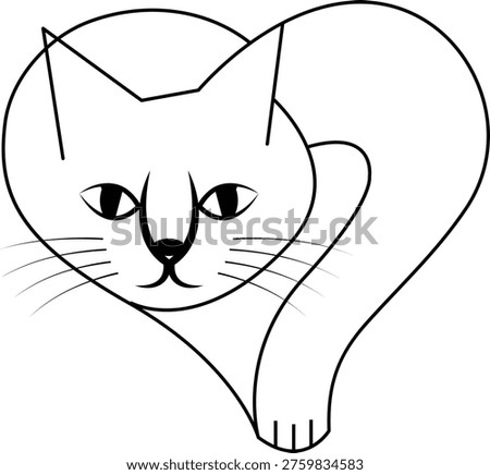 A charming and minimalist black and white line art drawing featuring the stylized head and body of a friendly domestic cat which has been cleverly shaped into the form of a romantic heart outline, showcasing elegant curves and simple artistic strokes that emphasize the playful connection between feline grace and the universal symbol of love and affection
