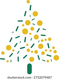 Uma charmosa árvore de Natal minimalista composta de traços verdes e ornamentos circulares amarelos, destacando-se contra um fundo branco nítido.