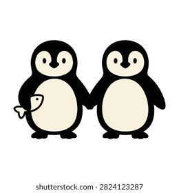 A charming and minimalist design featuring two adorable penguins standing together while holding hands and carrying a small fish, perfect for kids or cute decor.
