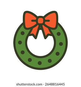 A charming and minimalist flat design vector illustration of a green Christmas wreath with red berries and a festive bow, symbolizing holiday cheer and winter celebrations. Perfect for seasonal design