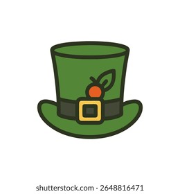 Ilustração de vetor de design plano encantador e minimalista de um chapéu de leprechaun verde com fivela e mola, simbolizando o Dia de São Patrício, a sorte e a celebração irlandesa. Perfeito para projetos de férias.