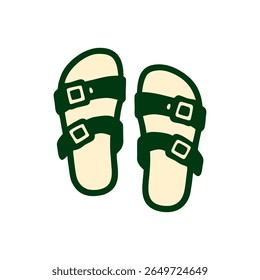 A charming and minimalist flat design vector illustration of a pair of buckled sandals (like Birkenstock style). Perfect for conveying themes of summer, comfort, casual wear, and footwear fashion.