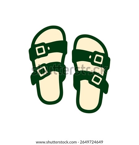 A charming and minimalist flat design vector illustration of a pair of buckled sandals (like Birkenstock style). Perfect for conveying themes of summer, comfort, casual wear, and footwear fashion.
