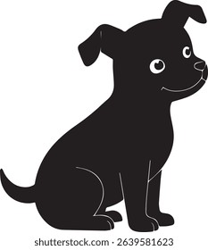 A charming minimalist illustration of a black puppy sitting on a light background. The puppy features simple lines, rounded shapes, and an expressive face with large, endearing eyes. 