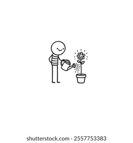 A charming minimalist illustration of a joyful person watering a potted flower. This outlines the caregiving, growth, and happiness associated with nurturing plants and enjoying the beauty of nature.