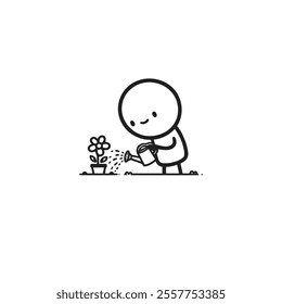 A charming minimalist illustration of a joyful person watering a potted flower. This outlines the caregiving, growth, and happiness associated with nurturing plants and enjoying the beauty of nature.