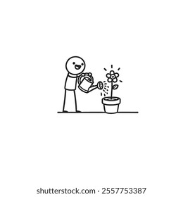 A charming minimalist illustration of a joyful person watering a potted flower. This outlines the caregiving, growth, and happiness associated with nurturing plants and enjoying the beauty of nature.