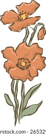 A charming and minimalist line art illustration depicting a pair of vibrant orange flowers with detailed centers and accompanying green leaves and stems. 