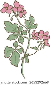 Uma ilustração encantadora e minimalista da arte da linha que retrata um vibrante conjunto de flores cor-de-rosa com folhas e caules verdes que acompanham